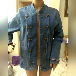 BNWOT TOMMY HILFIGER Women's Blue Jean Jacket MILITARY 2 WAY SZ. LG  STRETCHY